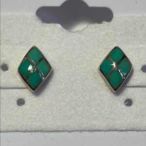 Zuni Turquoise Inlay 925 Diamond-Shaped Earrings